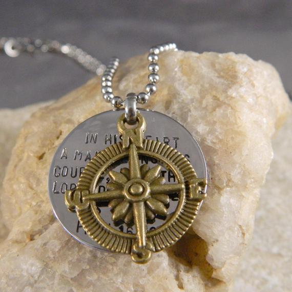 Proverbs 16 9 Inspirational Compass Handstamped Necklace